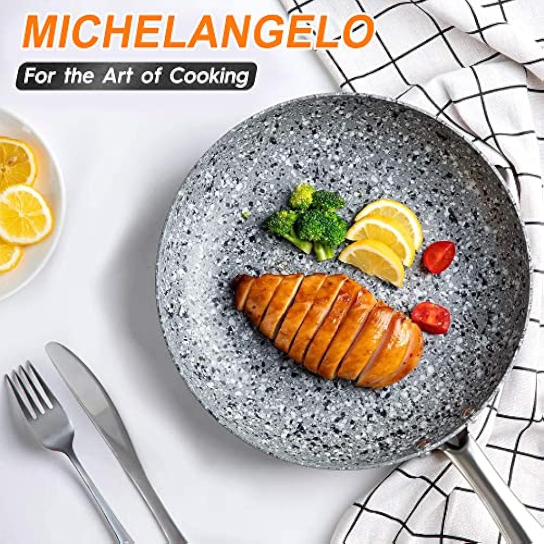MICHELANGELO Frying Pan with Lid 28cm, Non Stick Fry Pan, Granite Frying Pans with Stone-Derived Coating, Stone Skillet for Induction, Oven Safe