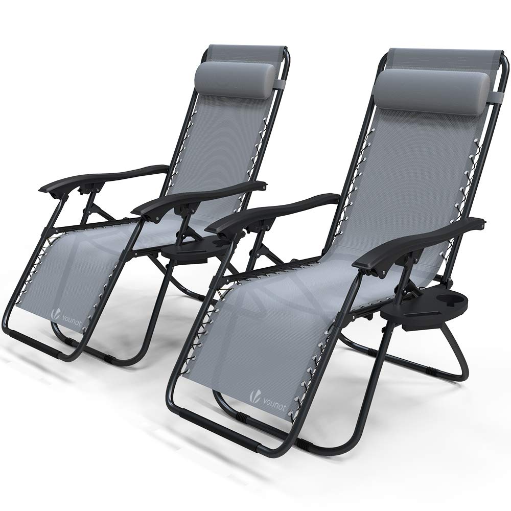 VOUNOT? Set of 2 Zero Gravity Sun Loungers, with Cup Holder and Phone Hoder, Adjustable Textoline Reclining Garden Chairs, Grey