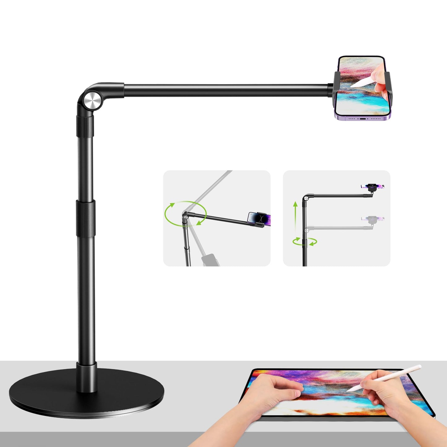 elitehood Overhead Phone Mount with Heavy Duty Base, Height Adjustable Phone Stand for Filming, 38cm Long Arm iPhone Holder for Video Recording,