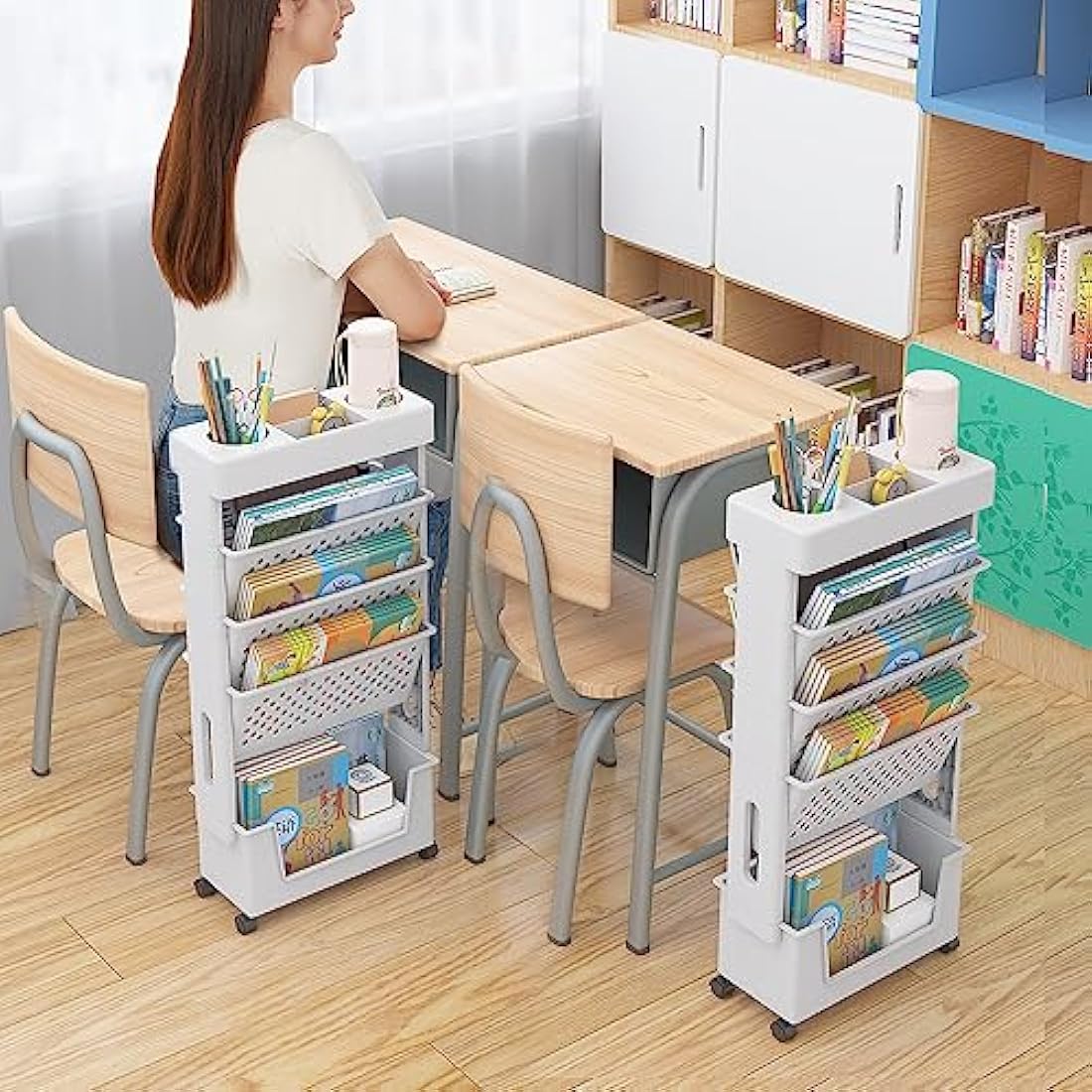 NUODWELL Mobile Bookshelf with Wheel, Large Capacity Magazine Rack Book Cart Removable Storage Organizer Kids Bookshelf, Multi Purpose Rolling Cart for Home School（White）