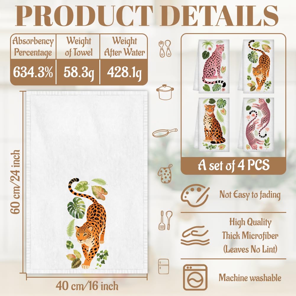 WADORN 4 Styles Leopard Kitchen Towels 16x24 Inch Microfiber Leopard Decorative Hand Dish Towels Spring Summer Soft Absorbent Quick Drying Tea Towel