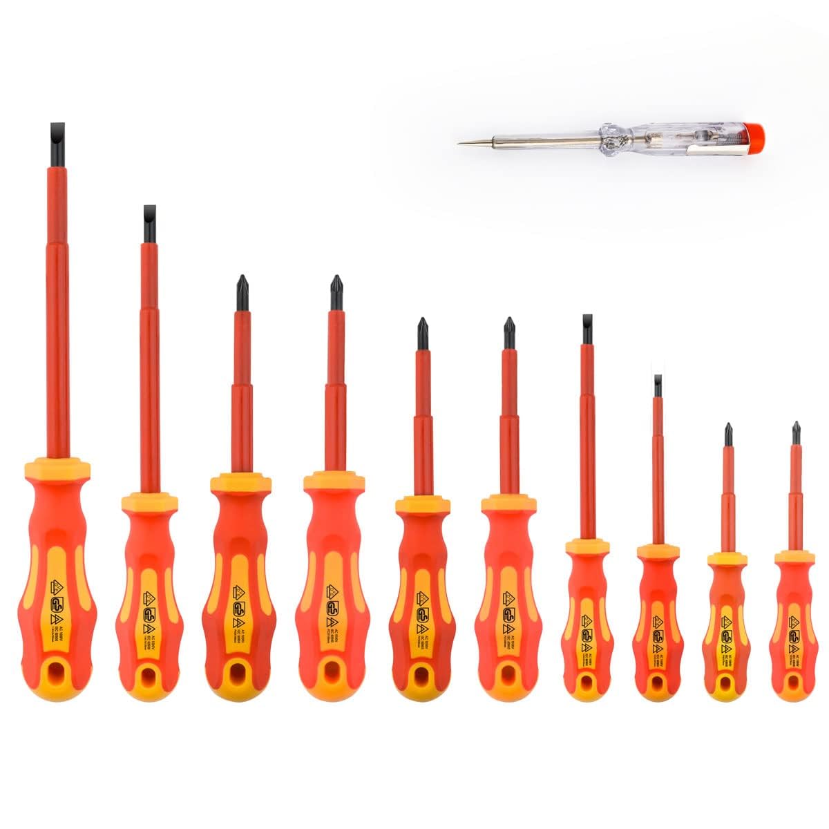 Gunpla 11 Pieces VDE Insulated Screwdriver Set, 1000V with Black Tip Magnetic, TPR Handle Electrician Soft-Grip Slotted Phillips and Pozi Tools with