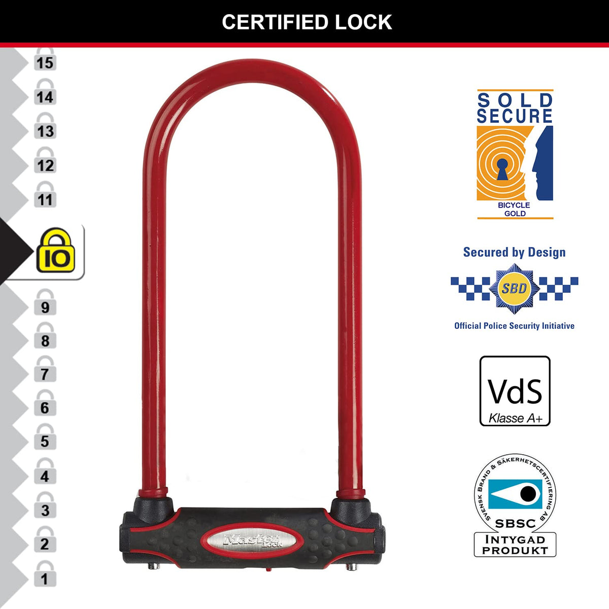 Master Lock Heavy Duty Bike D Lock, Key, Universal Mounting Bracket, Certified Bike Lock, Long Shackle, Red 8195EURDPROLWR - Use with Electric,