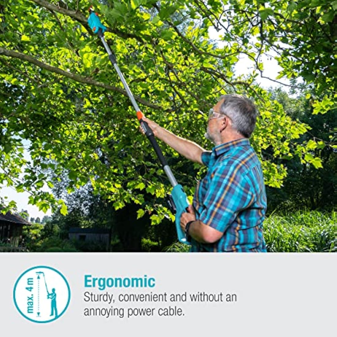 Gardena Battery Telescopic Pruner TCS 20/18 V P4A Without Battery: Pruning Saw with a Range of up to 4 m, 20 cm bar, Angled Head, Including Harness (14770-55)
