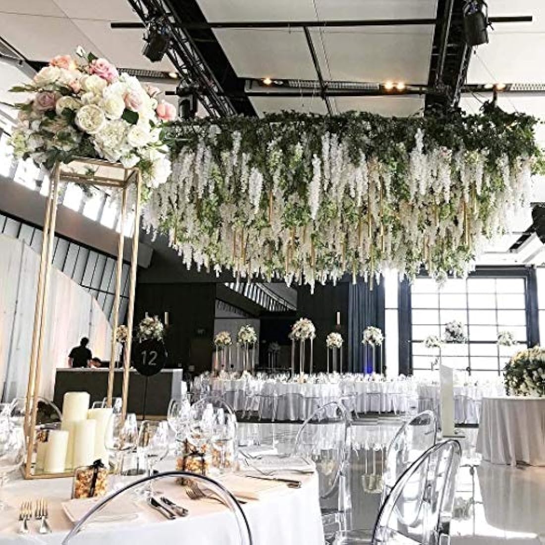 Veryhome 12PCS Artificial Wisteria Hanging Garland Fake Wisteria Vine Hanging Flower Bush String Artificial Flowers for Wedding Decorations,3.6 Feet (White)