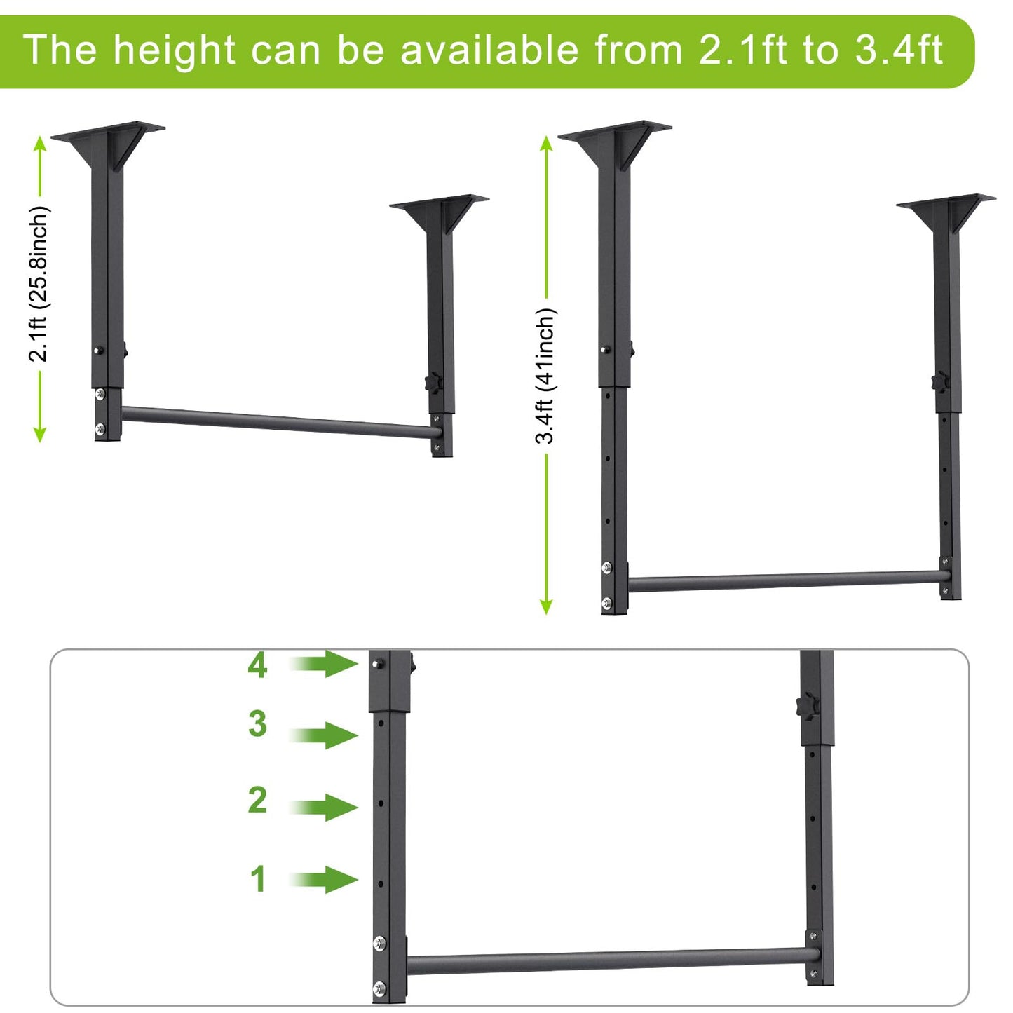 Kipika Heavy Duty Ceiling Pull Up Bar - Adjustable Height, Comfortable Grip, Easy Installation - Ideal for Home Gym Workout - Supports up to 500 lbs