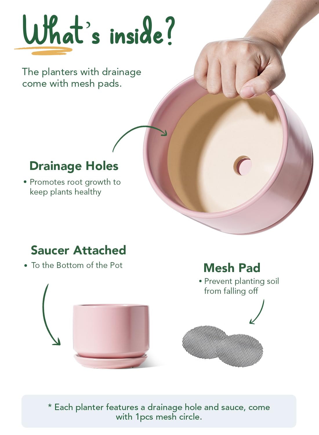 LE TAUCI Ceramic Plant Pots, 11+13+17 cm Planters, Set of 3 Planters with Drainage Hole and Saucer, Indoor Plant Pot with Hole Mesh Pad, Gifts for