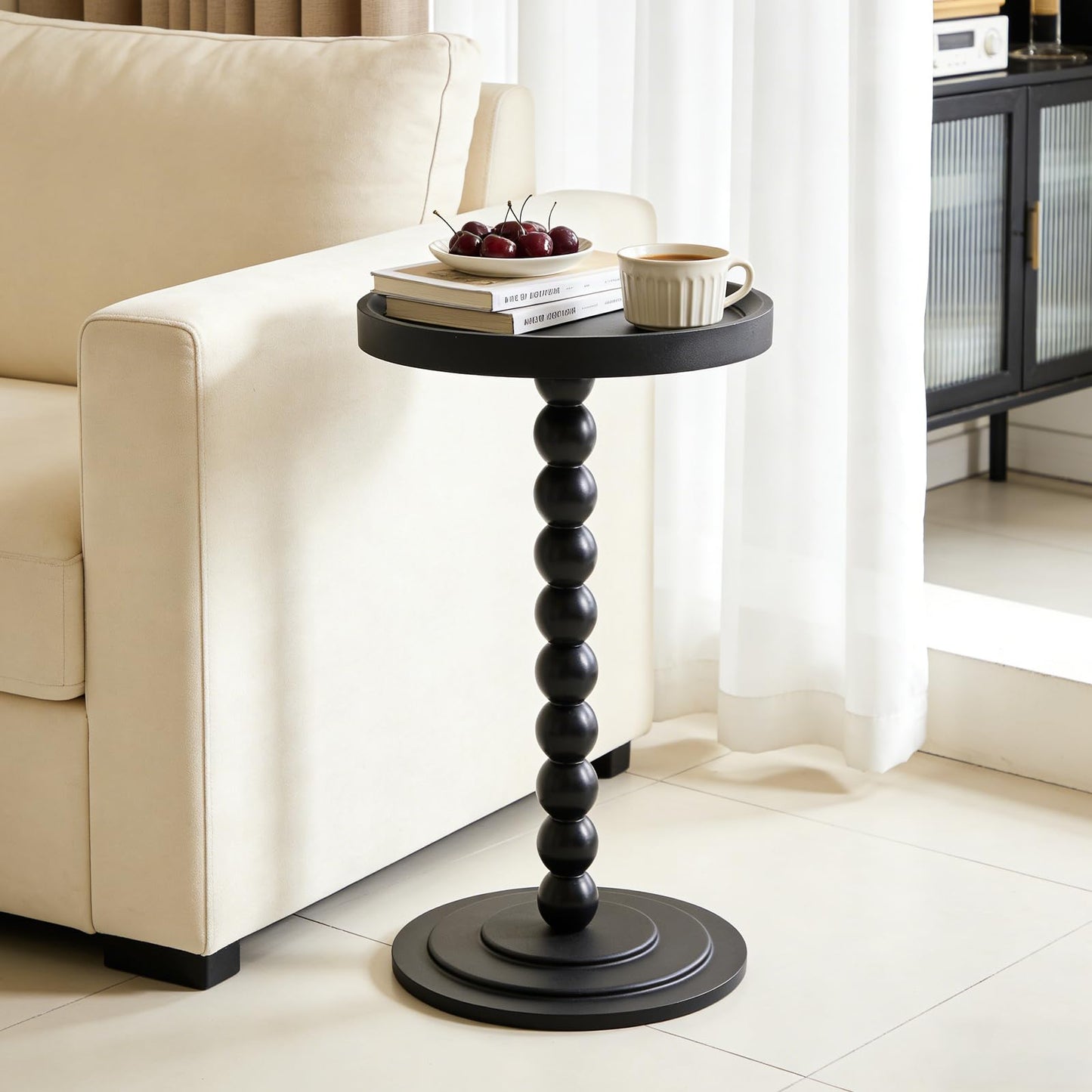 Simcat Round Side Table Bamboo Joint Design, Small Round Coffee Table for Small Spaces with Solid Wood Leg for Living Room, Bedroom, Corners