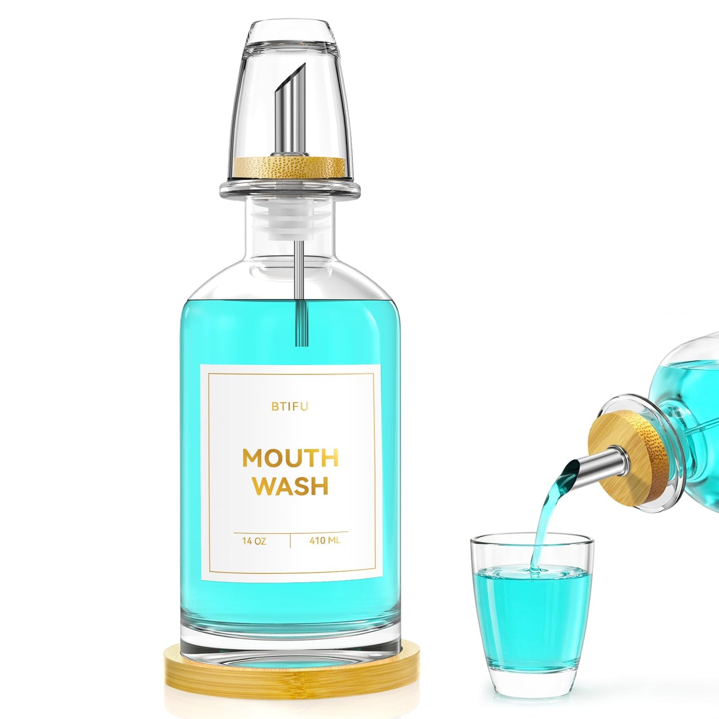 Glass Mouthwash Dispenser for Bathroom – 410ml Refillable Mouthwash Container with 2 Glass Cups & Bamboo Tray, Countertop Mouth Wash Dispensers