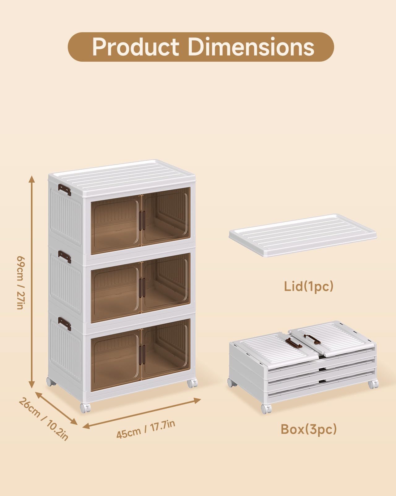 Asnews 3-Tier Storage Boxes with Lid, 26L Stackable Storage Bins with Wheels and Doors