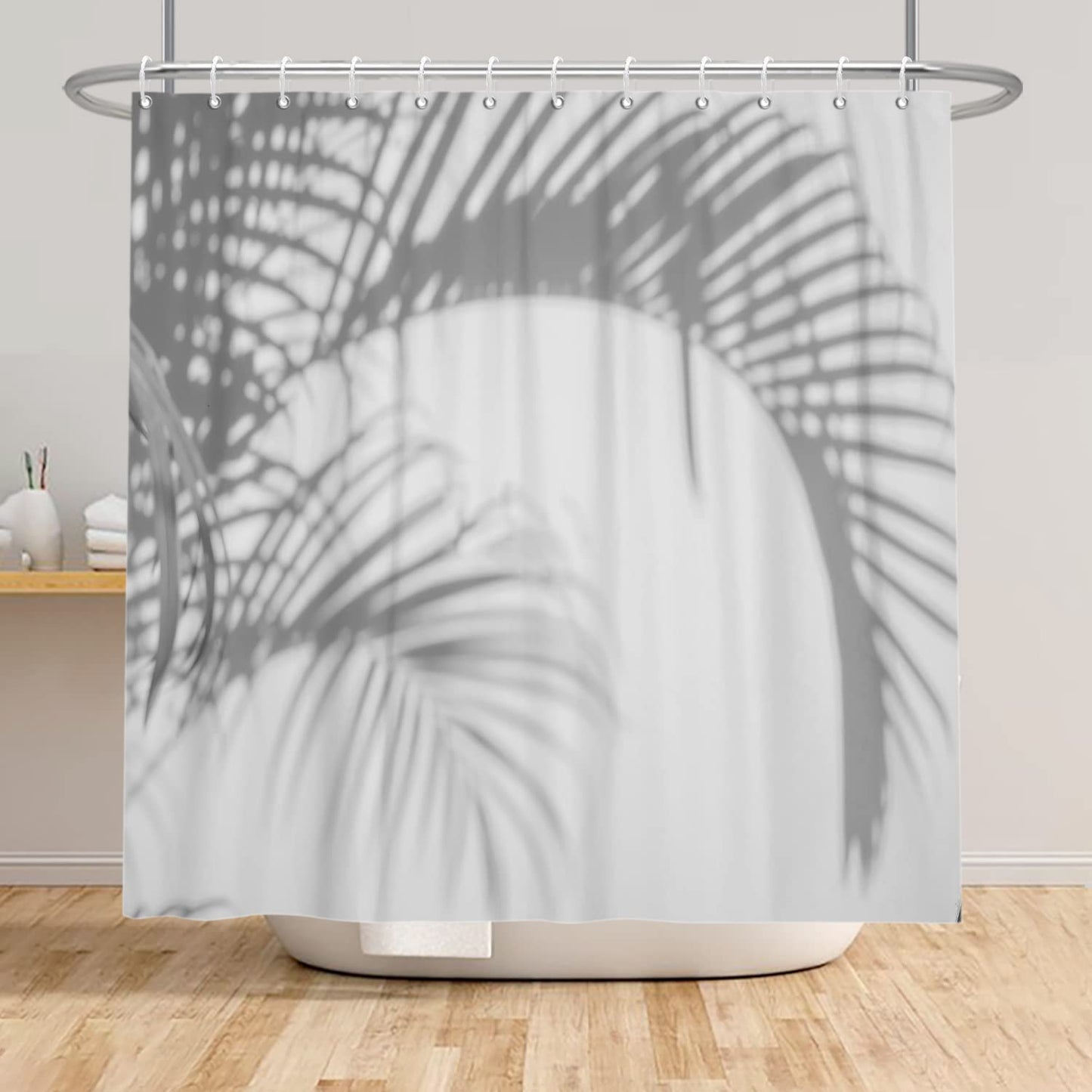 Bovlleetd 71x79in Grey Shower Curtain - Palm Leaf Tree Shadow Bathroom Art Deco Curtain with Hooks