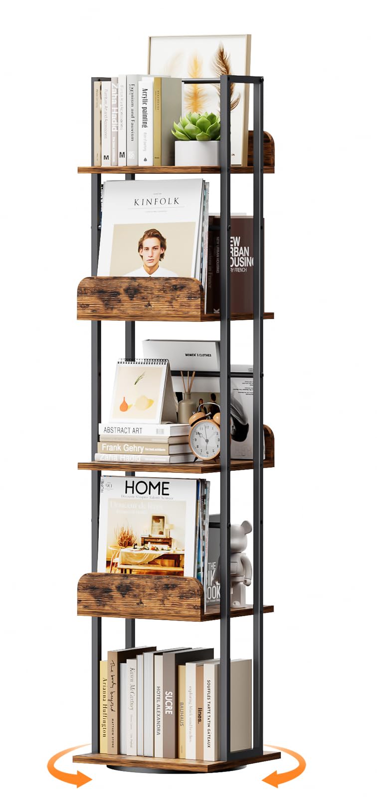 Bikoney 5-Tier Rotating Bookshelf, Tall Industrial Corner Book Tower