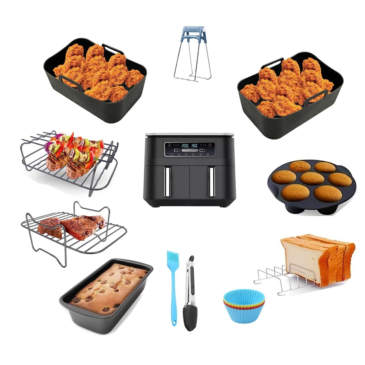 Air Fryer Accessories for Ninja Foodi Dual, AF300UK 7.6L, AF400UK 9.5L, SL400UK, Tower T17088 9L, Set of 11 Including Silicone Air Fryer Liners, Air