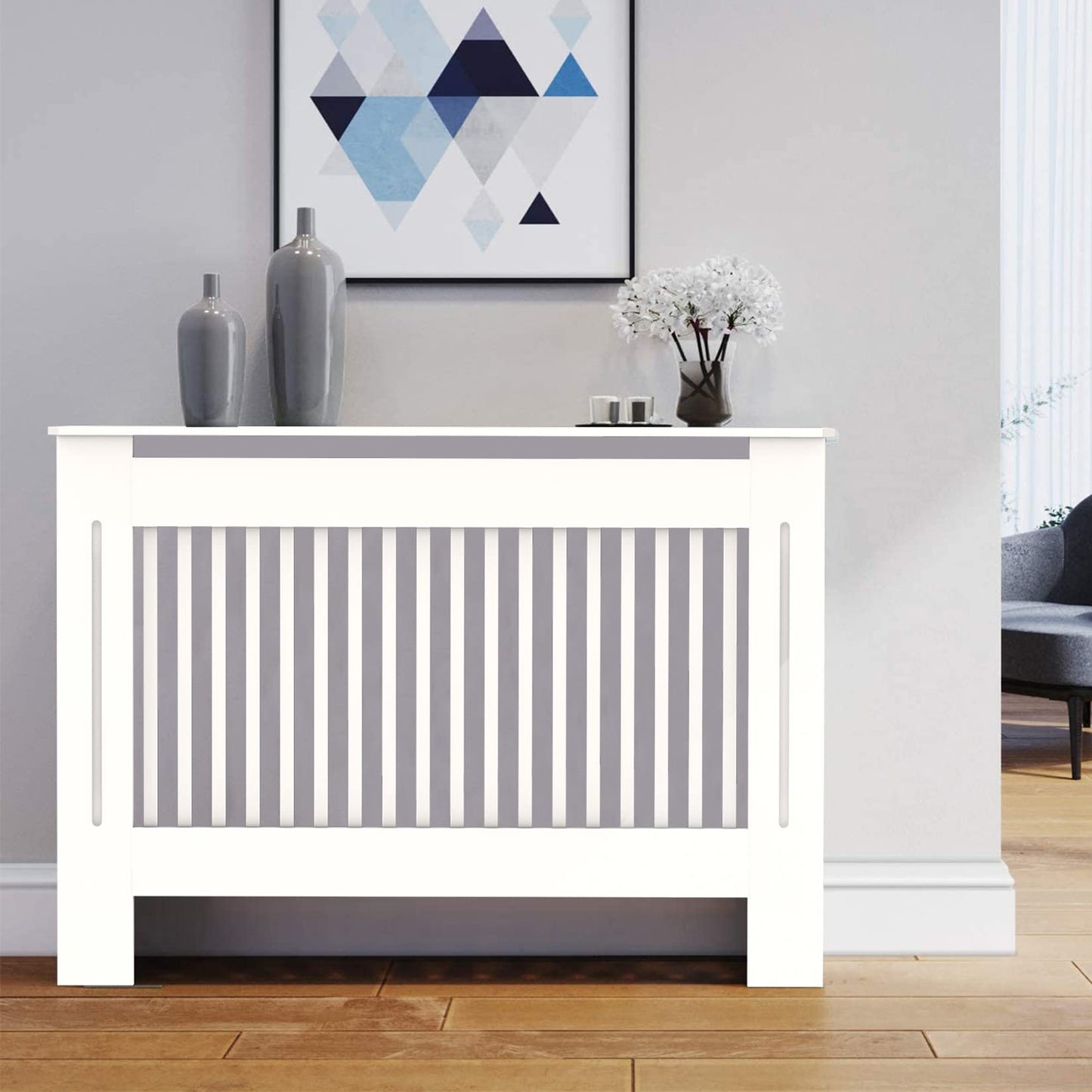 High Radiator Cover Wood Cabinet: External 92cm Height White Medium Heater Covers Internal Heights 90cm Vertical Slats Modern Tall Radiator Shelf