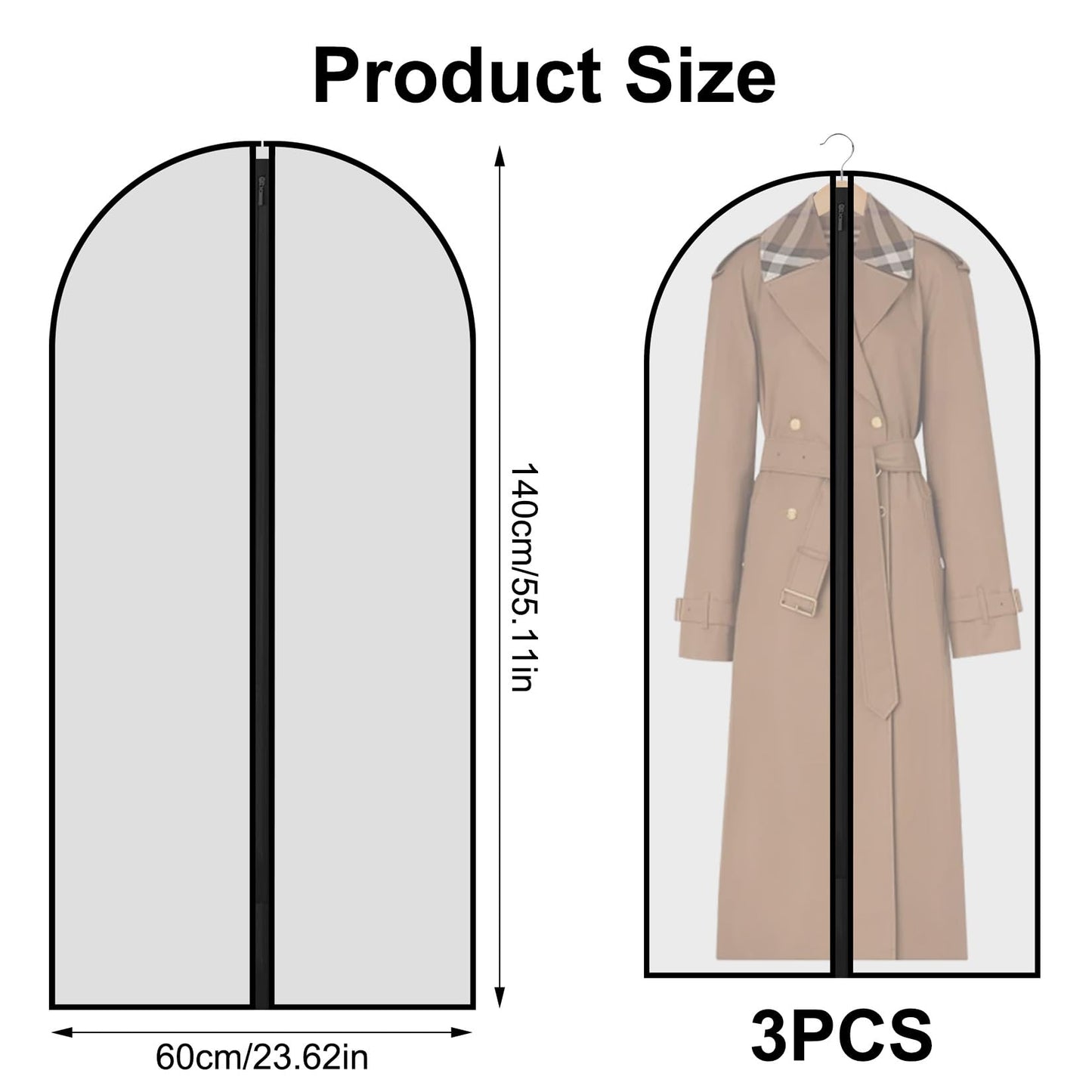 3 Pcs Dress Bags Coverss, 60 x 140cm Long Dress Covers Garment Bags for Hanging Clothes Protector Bag, Waterproof Dustproof Clothes Covers with Zip