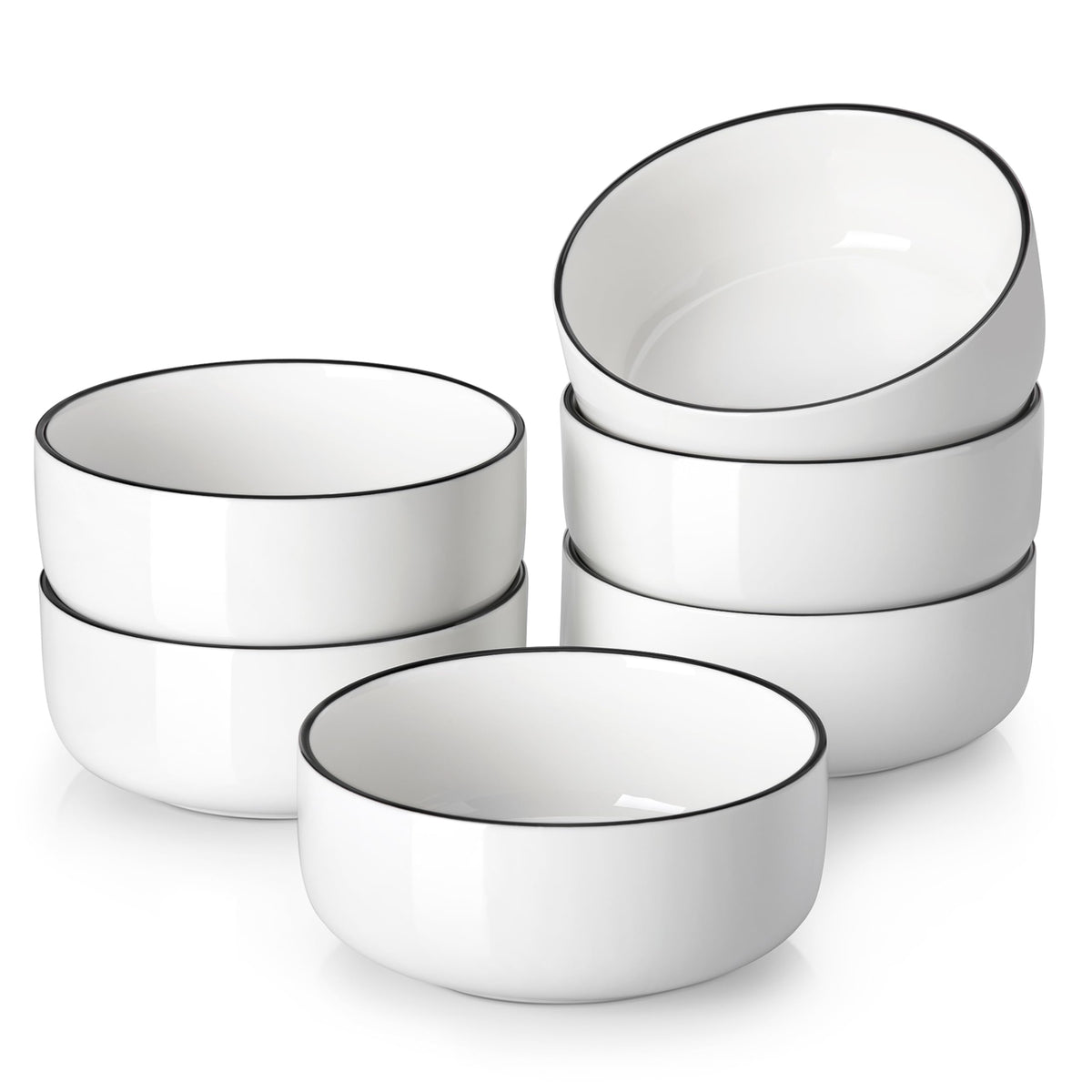 MALACASA 24 oz Cereal Bowls Set of 6 with Black Rim, Chip Resistant Premium Porcelain Salad Bowl, Ivory White Soup Bowls for Noodles, Dessert, Series