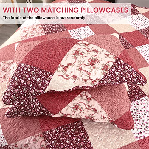 Qucover Quilted Bedspread Super King 250x270cm, Multicolour Print Bright Red Pink Beige Patchwork Quilt with 2 Pillow Shams, Lightweight Soft