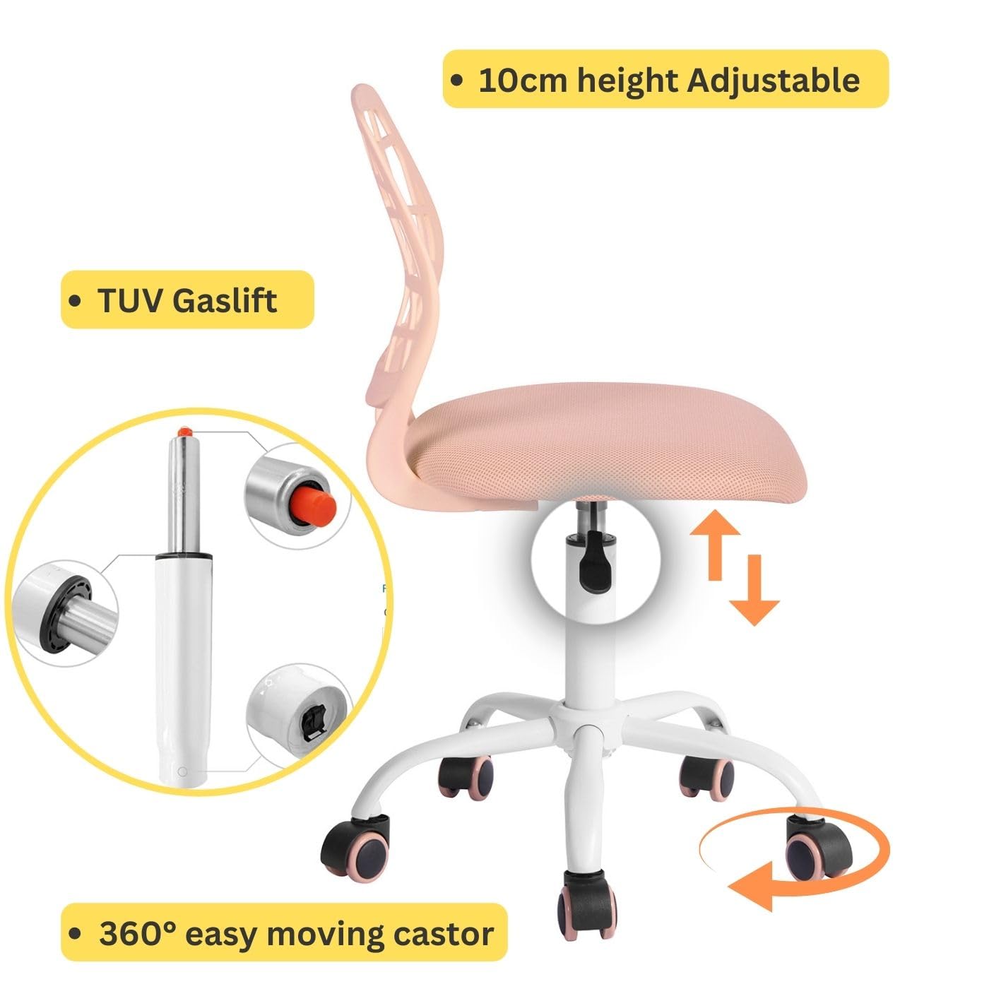 FurnitureR Home, Modern Adjustable Computer Seat, No Swivel Armrest, Youth Office Chair, Study Room, Pink, Metal, 44 x 40 x 74-87CM