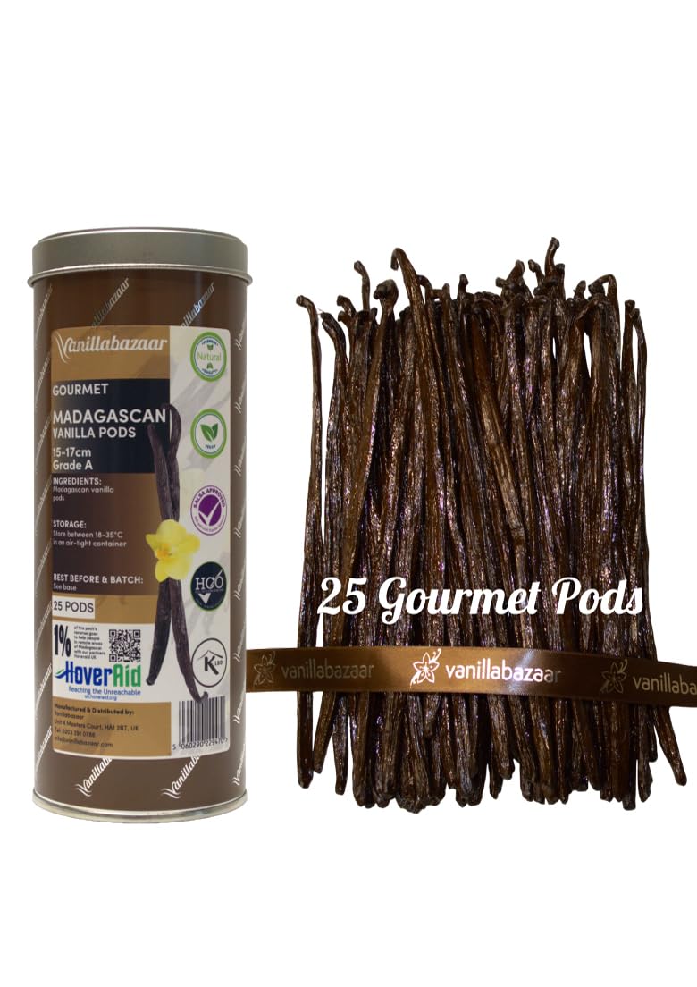 25 Gourmet Madagascan Vanilla Pods | Grade A Vanilla Beans in Airtight Tin | Gourmet Sticks for Baking, 15-17cm long | 5 x 5 Vacuum Packs Inside |