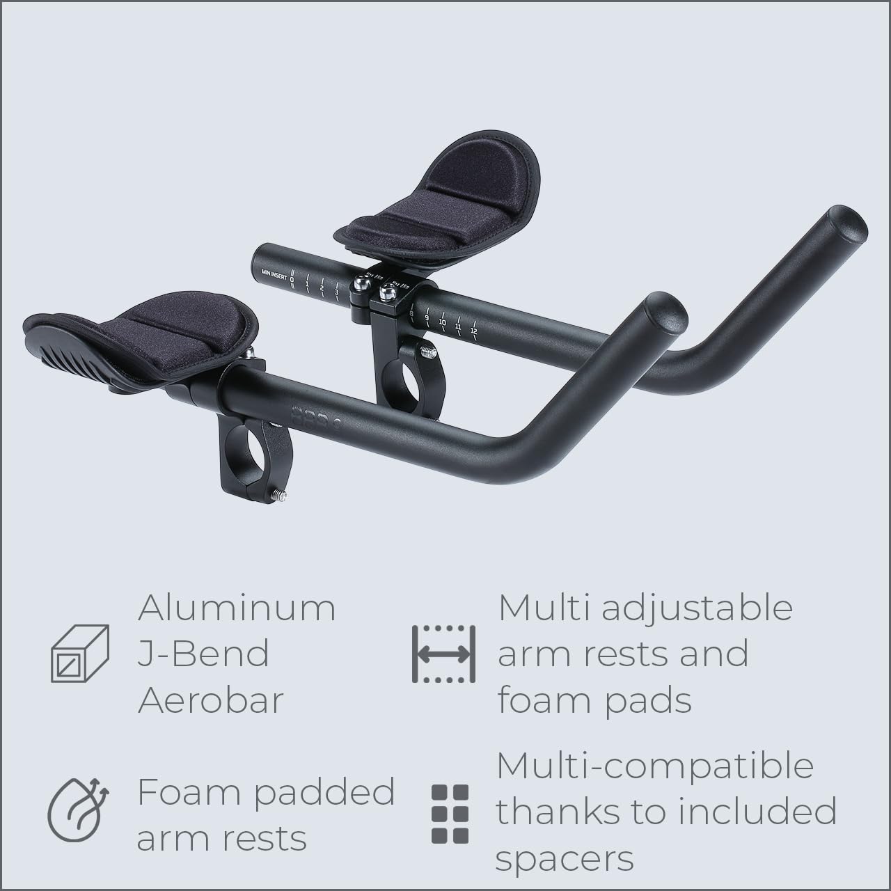 BBB Cycling AeroMax Aluminium Tri Bars | J-bend Aerobars for Road Bikes | Multi-adjustable PU Arm Pads | Compatible with 25.4/31.8 mm Bike Handlebars