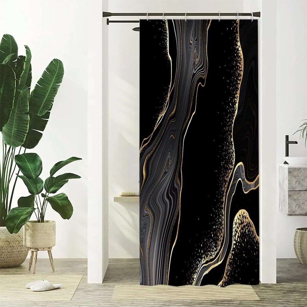 Uiiooazy Black Marble Shower Curtain, Stall Size Abstract Gold Effect Bath Curtain, Anti-Mildew Waterproof Polyester Fabric Washable Set With 6 Hooks