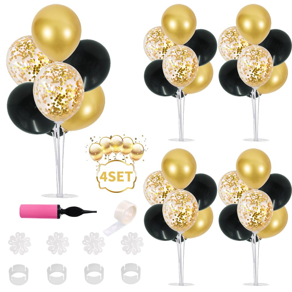 Balloon Stand Kit 4 Sets for Table Centerpieces Include 32 Pcs Black Gold Latex Confetti Balloons for Birthday, New Years Eve 2026, Graduation, Happy