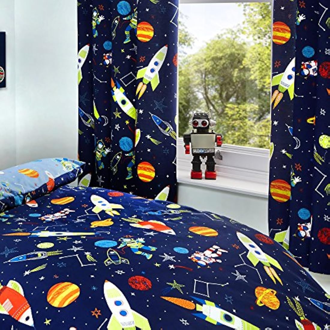 Bedlam - Supersonic - Glow In The Dark Lined Pencil Pleat Curtains - 66" Width x 72" Drop (168 x 183cm), Blue