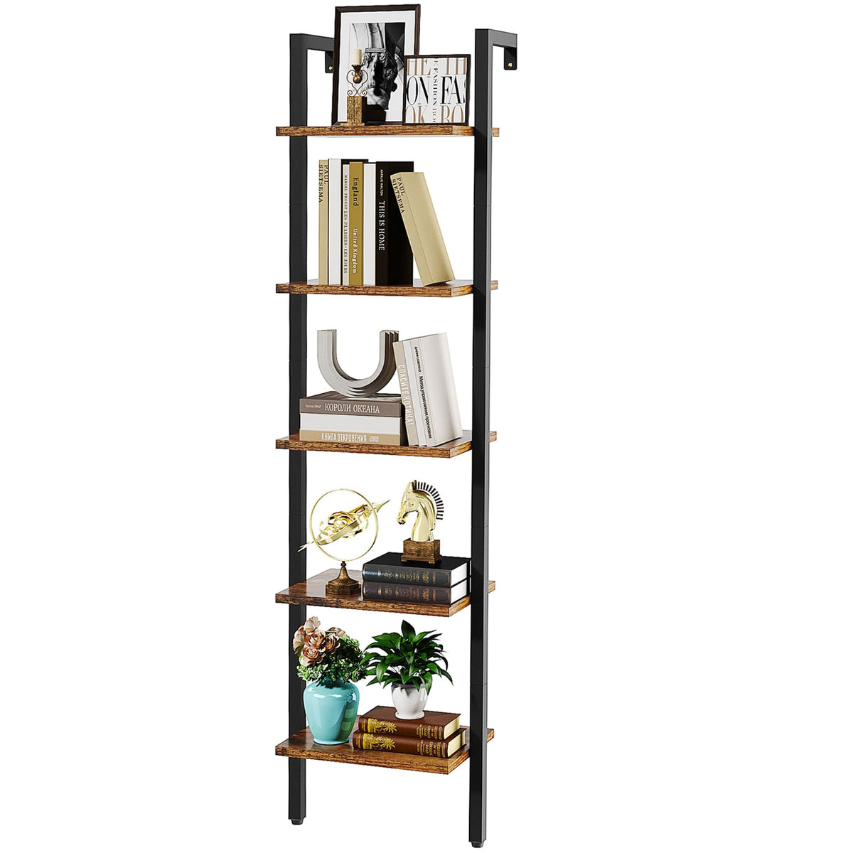 YMYNY Bookshelf Wall Mounted, Ladder Shelf, 5-Tier Bookcase Rack, Storage Unit with Metal Frame, Industrial Floating Wall Shelf for Living Room,