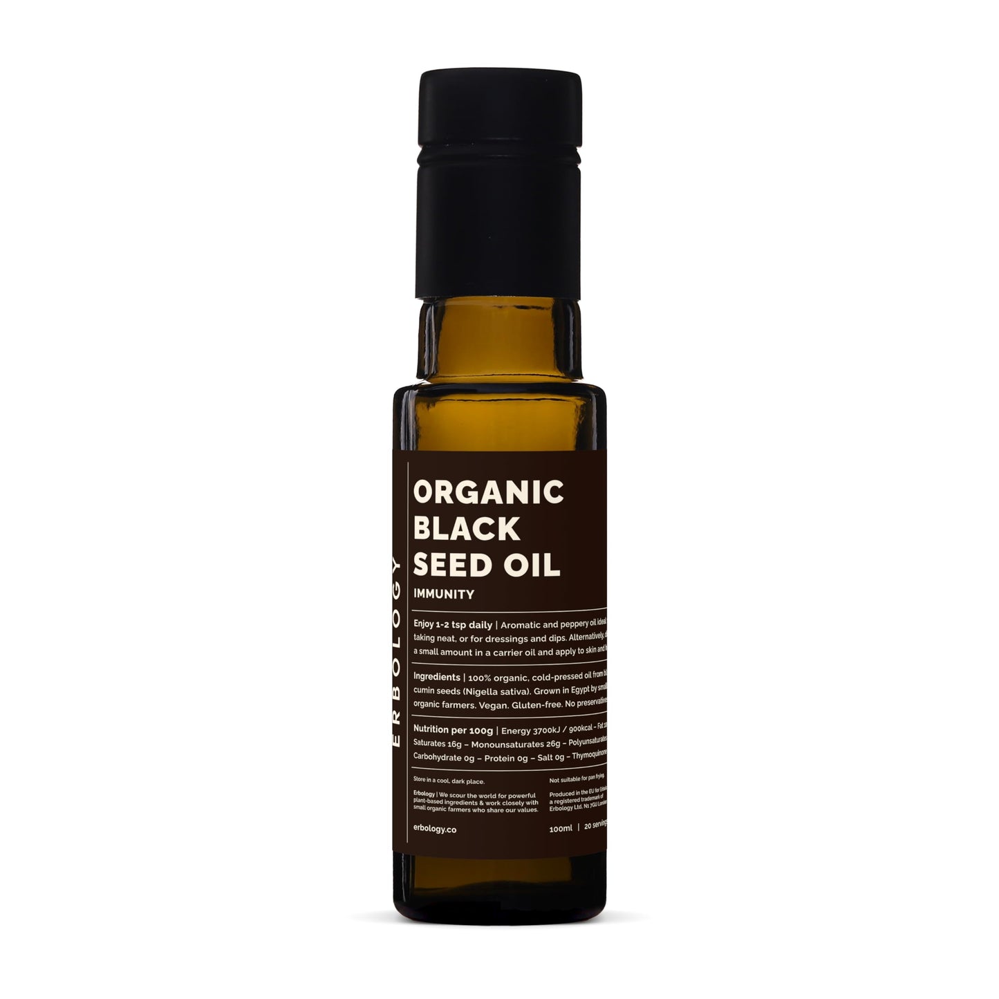 Erbology Organic Black Seed Oil 100ml - Nigella Sativa - Cold-Pressed - Over 2.5% Thymoquinone - Supports Digestive Health and Immunity - Non-GMO - No