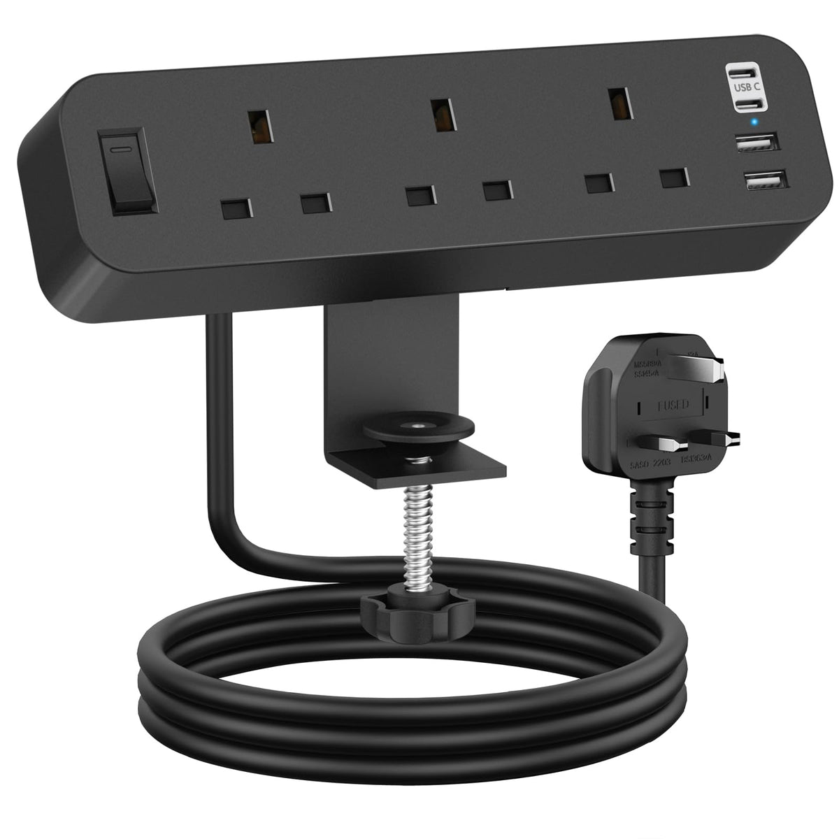Desk Power Socket with USB C, ANVODE 3 Way Desktop Power Socket Extension with 4 USB (2 Type C), Desk Extension Lead 2M with Switch for Home Office