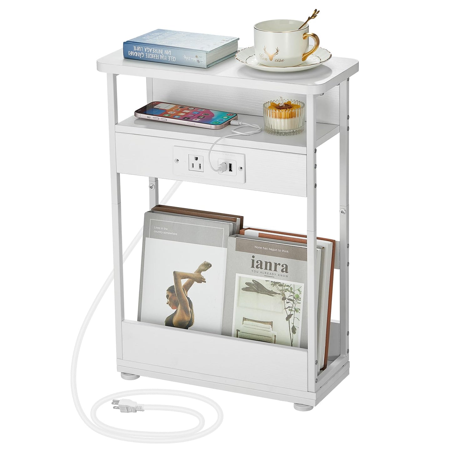 YEAKOO Narrow Side Table With Charging Station, 3 Tier End Table with 2 USB Ports & Power Outlets,Slim Sofa Side Table for Narrow and Small Spaces