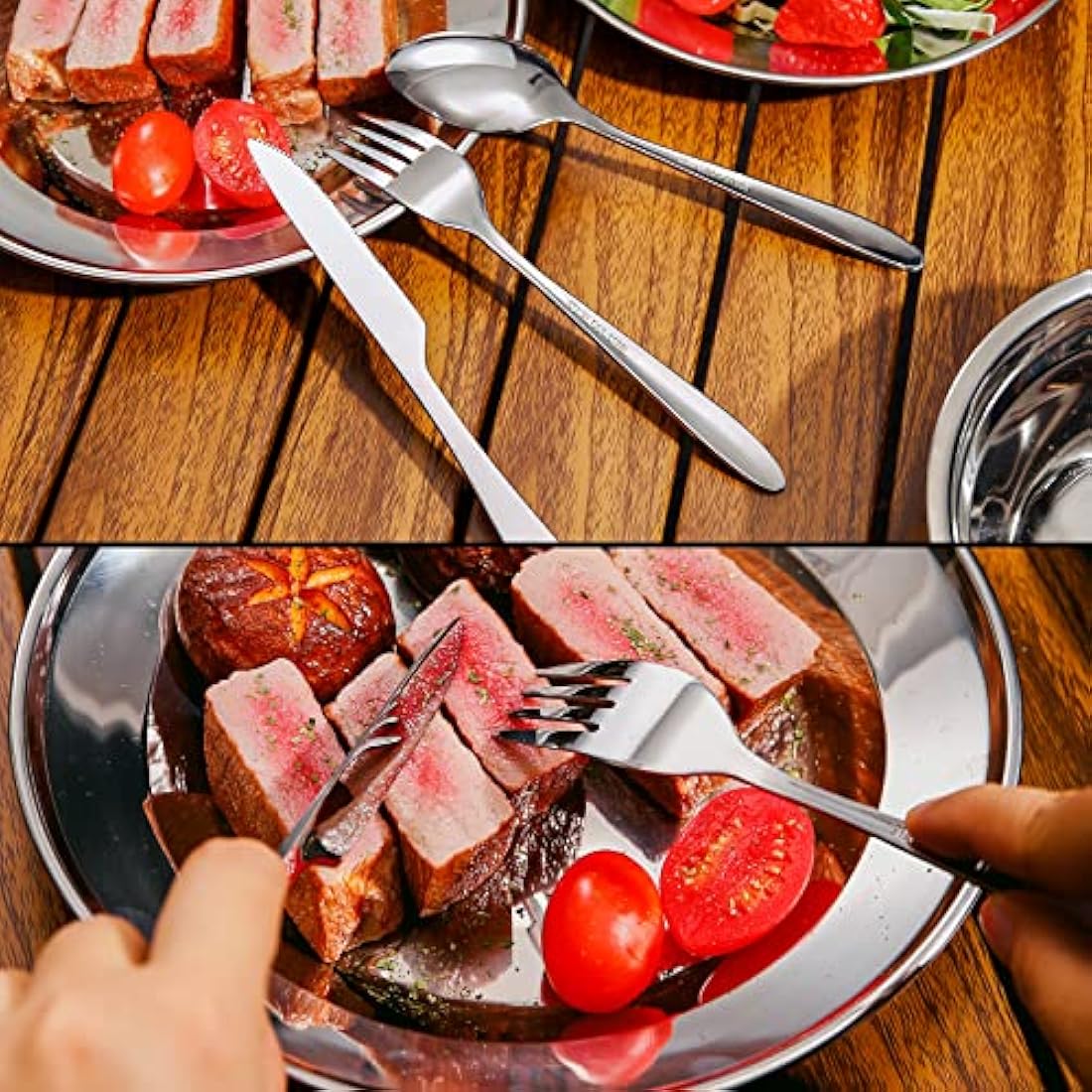 Odoland Camping Cutlery Set - Stainless Steel Tableware Mess Kit Includes Plate Cup Fork Spoon, 8 in 1 Flatware Kit with Mesh Bag - Dinnerware Utensils Set for Outdoor Camping Hiking and Picnic