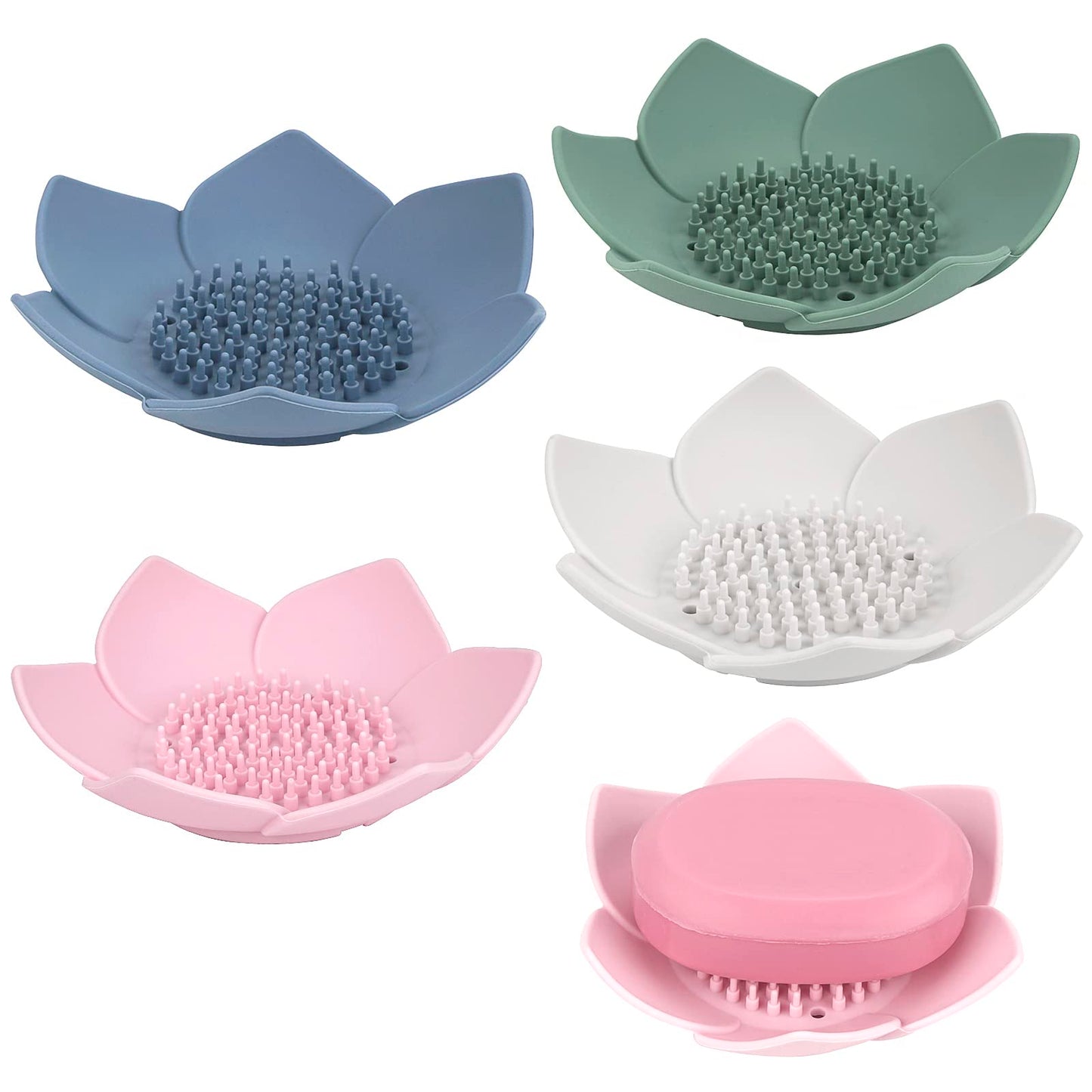 Linkidea 4 Pcs Soap Dish with Drain, Silicone Bar Soap Holder for Bathroom, Flower Shape Soap Tray for Kitchen Sink