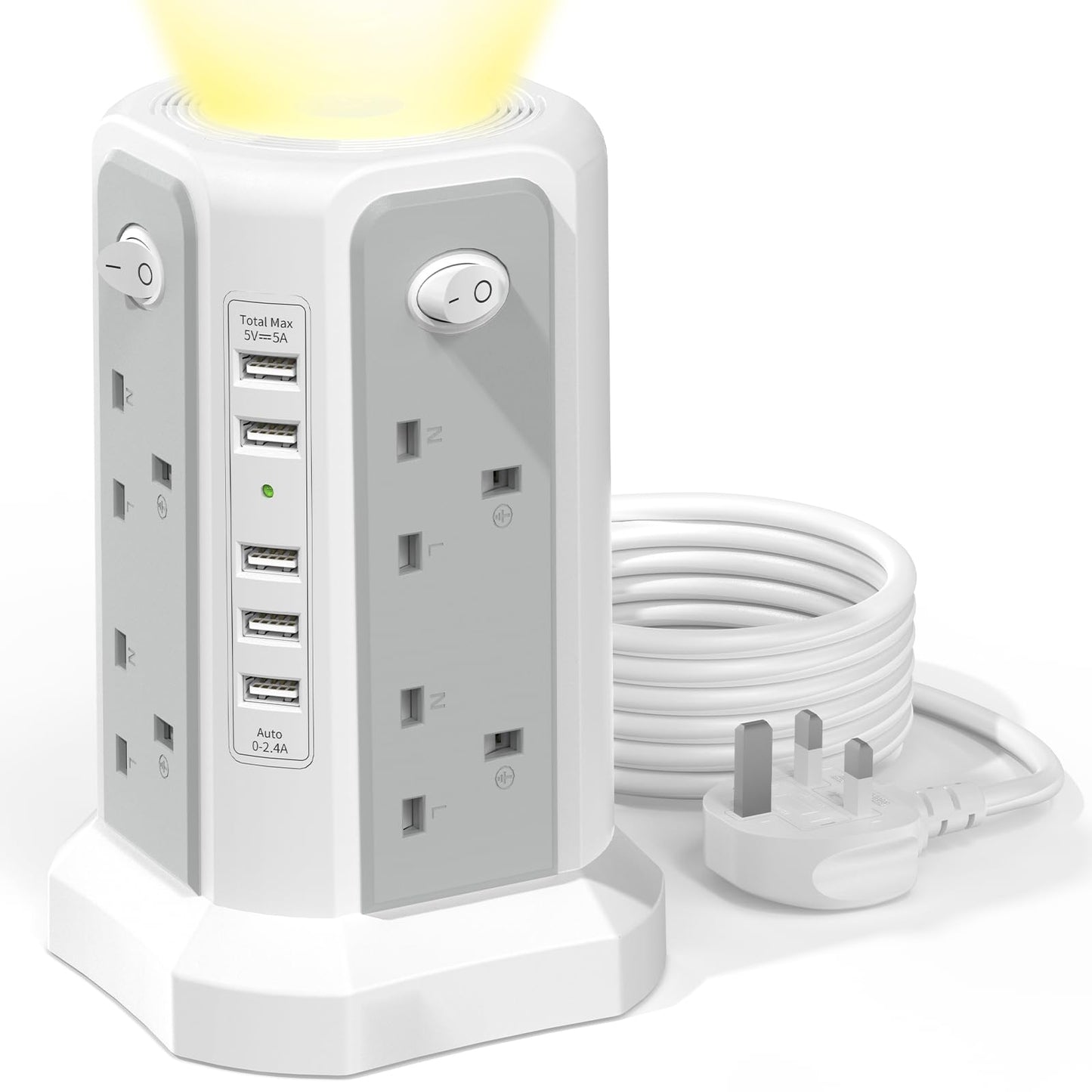 Tower Extension Lead 3M and Night Light, 5 USB Ports & 8 Way Plug Extension Tower, Extension Lead Surge Protection with 4 Independent Switch,