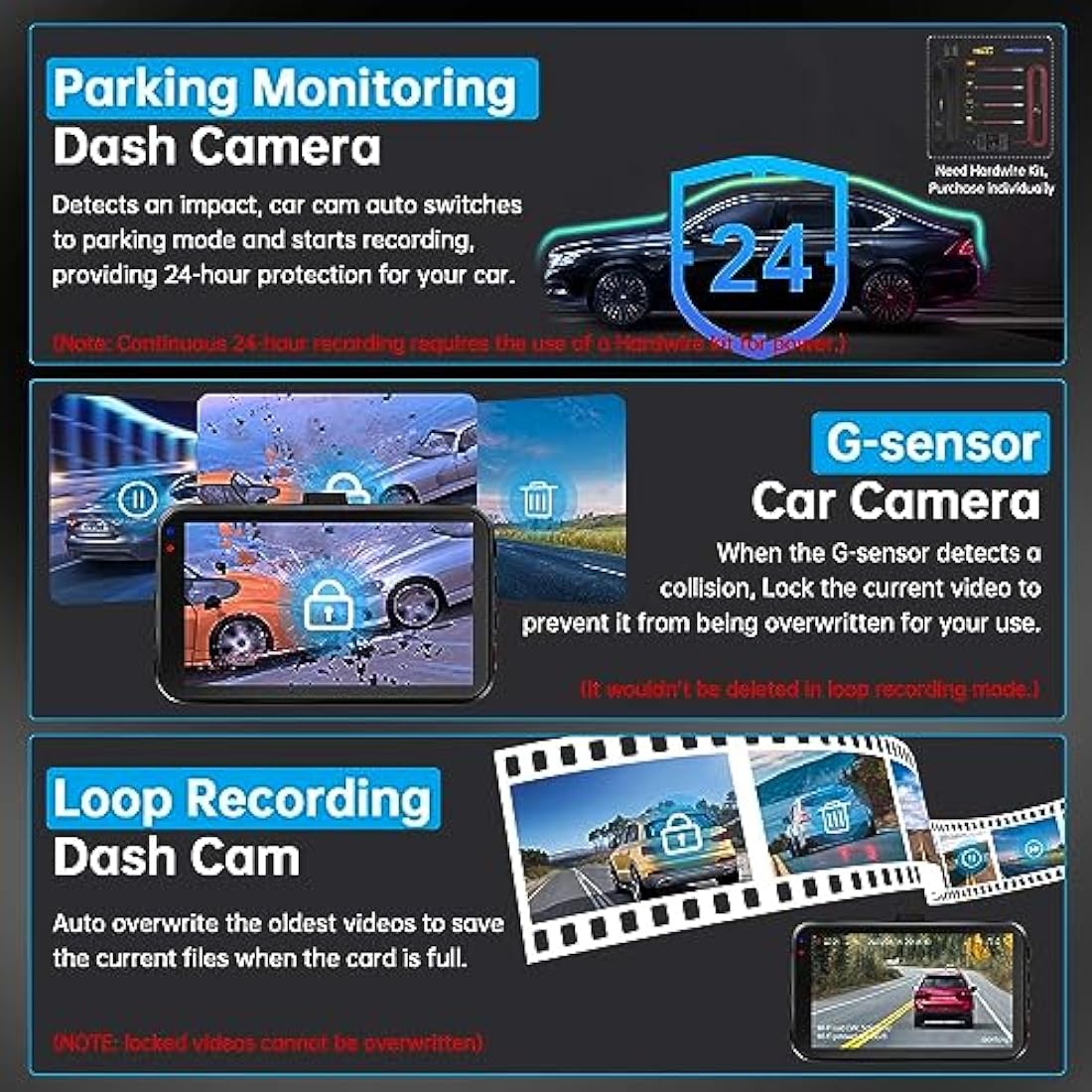 Dash Cam Front and Rear, Dashcam WiFi/APP Control Car Camera Dash Cam W/ 64GB Card, 2.5K Dash Cam Front + 1080P Rear Dash Camera W/Super Night Vision, Loop Recording, G-Sensor, Max Support 256GB