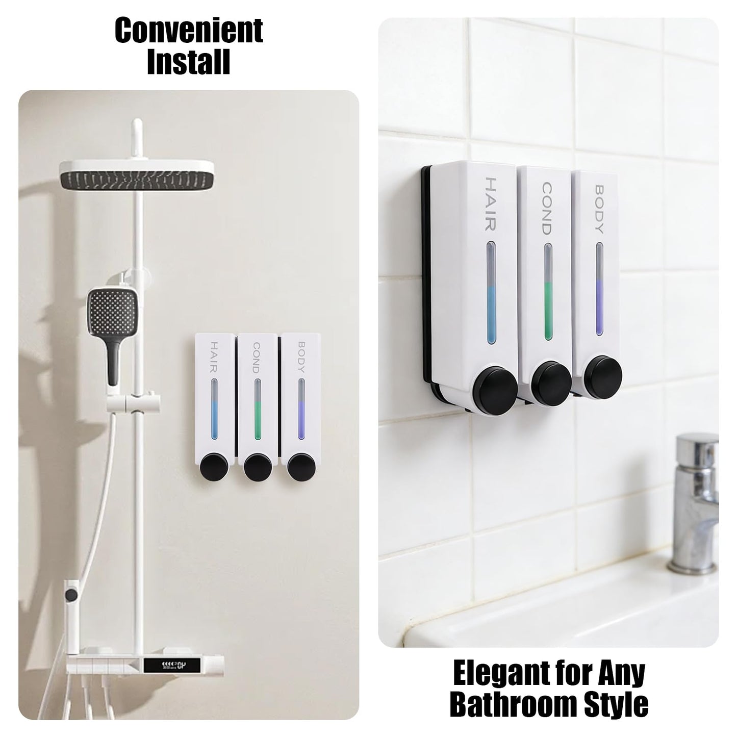 Shower Soap Dispenser No Drilling Wall Mounted Three Head White Shampoo Conditioner Body Wash Dispenser for Home Hotel Restauran