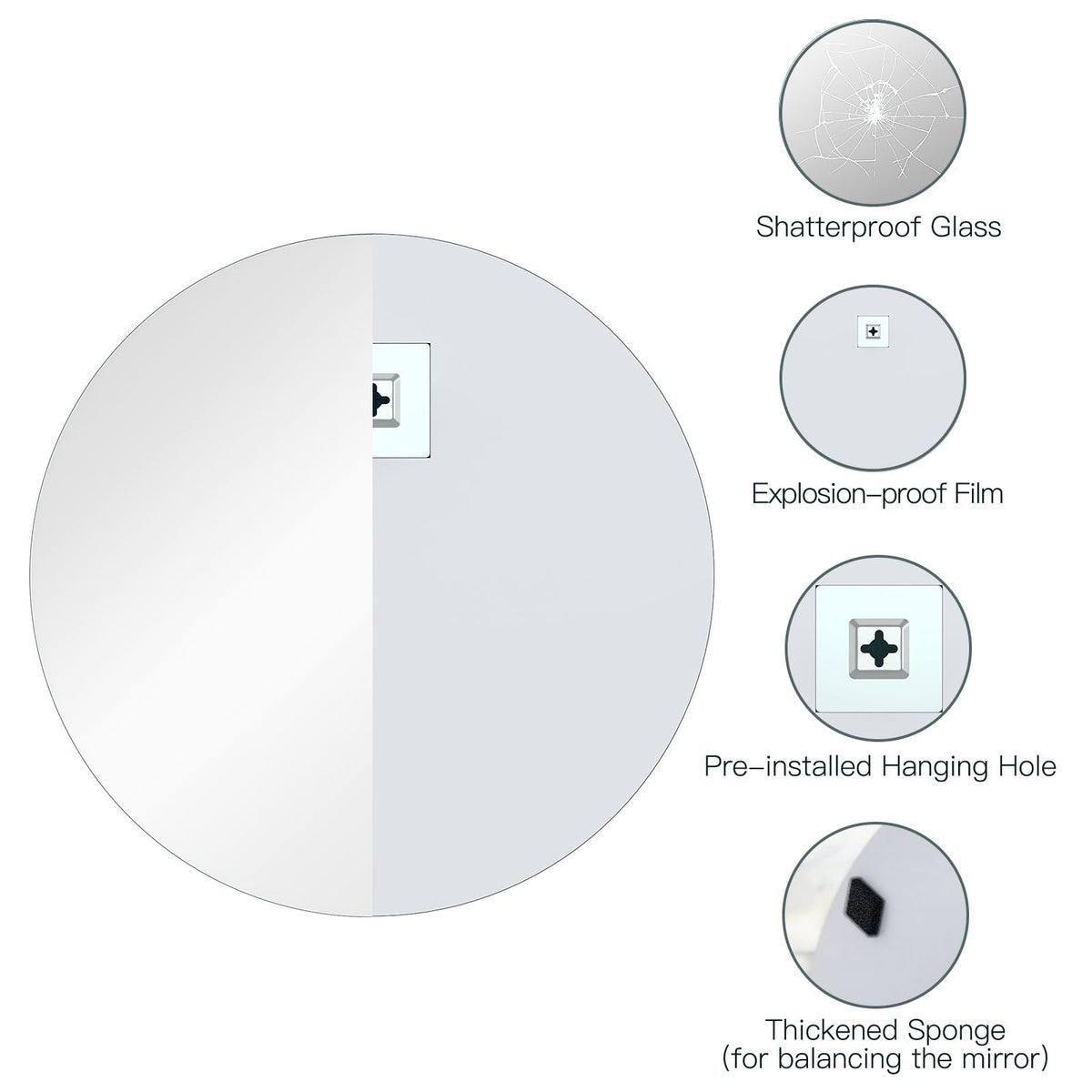 Dripex 60 x 60cm Frameless Round Mirror, Wall Mounted Bathroom Mirror with Polished Edge & Pre-installed Hole, Home Deco Hanging for Hallway Bedroom