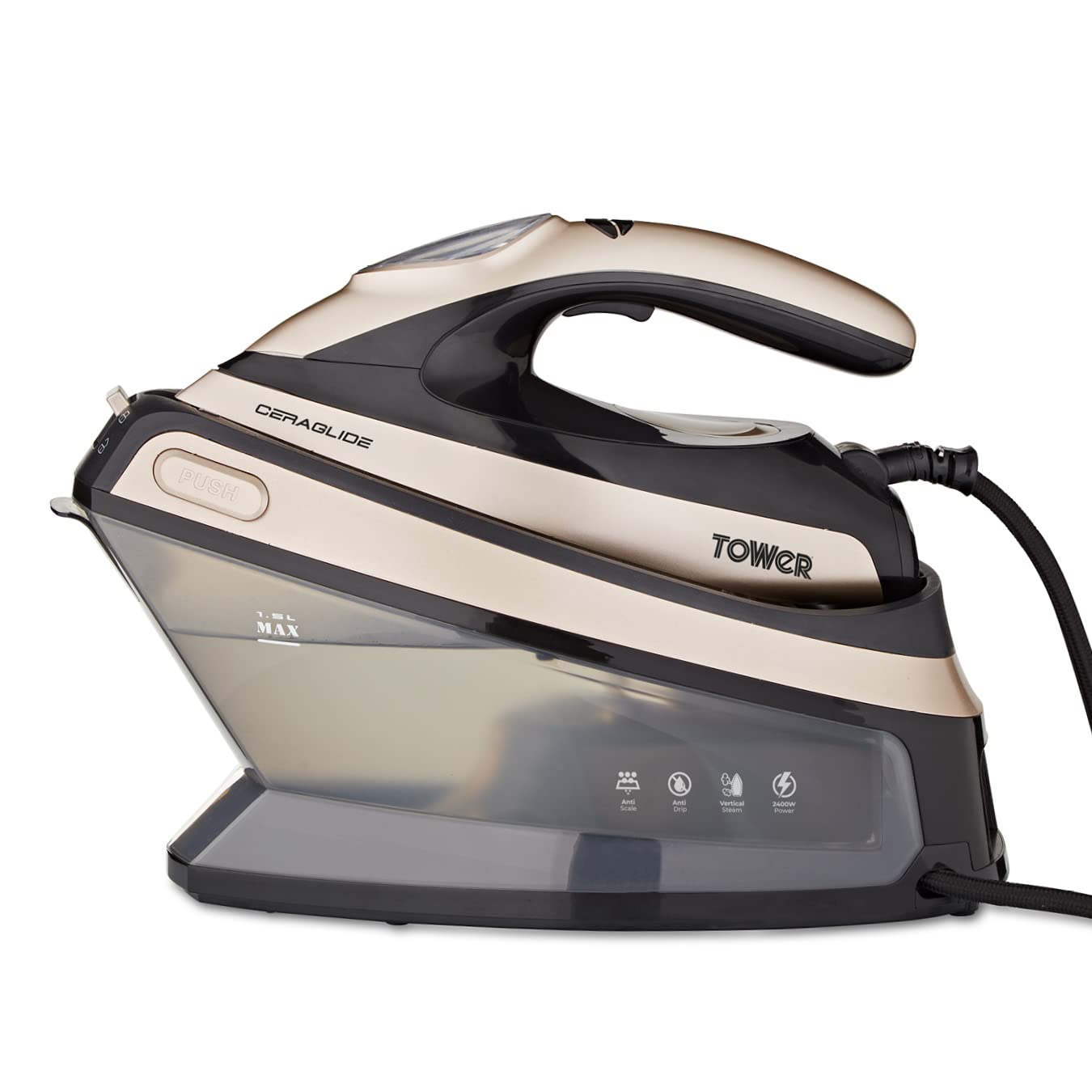 Tower T22024GLD Ceraglide Steam Generator with 135g/min Continuous Steam, 3 Steam Settings, Fast Heat Up, Self Clean Mode, 1.5L Tank Capacity,