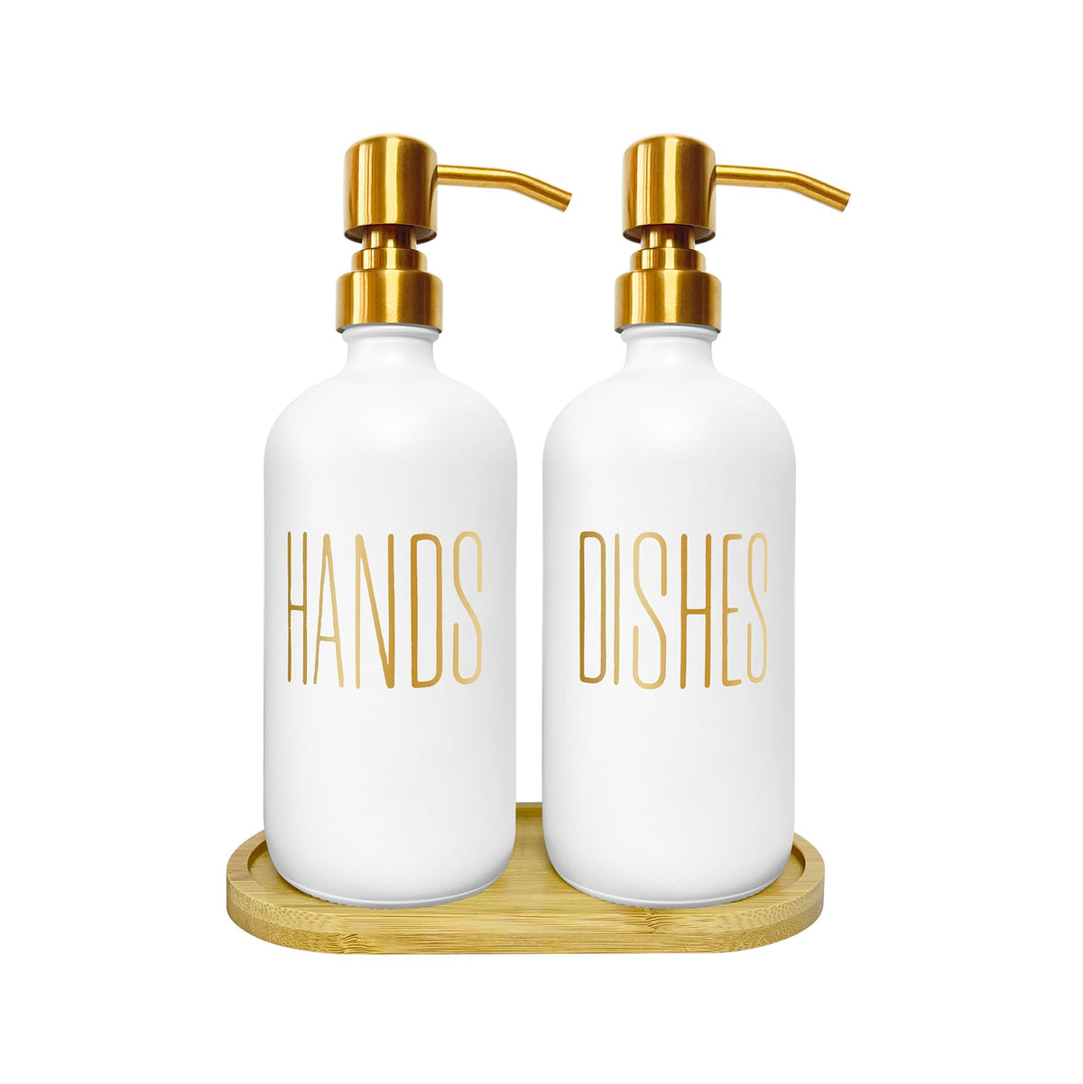 Gold Soap Dispenser Set for Kitchen with Bamboo Tray - Hand & Dish Soap Dispenser Set, White Glass Bottles with Gold Printed Labels, 17oz/480ml Each