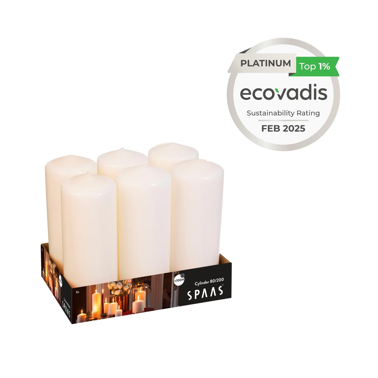 Spaas 6 Unscented Pillar Candle 80/200 mm,  100 Hours, Ivory