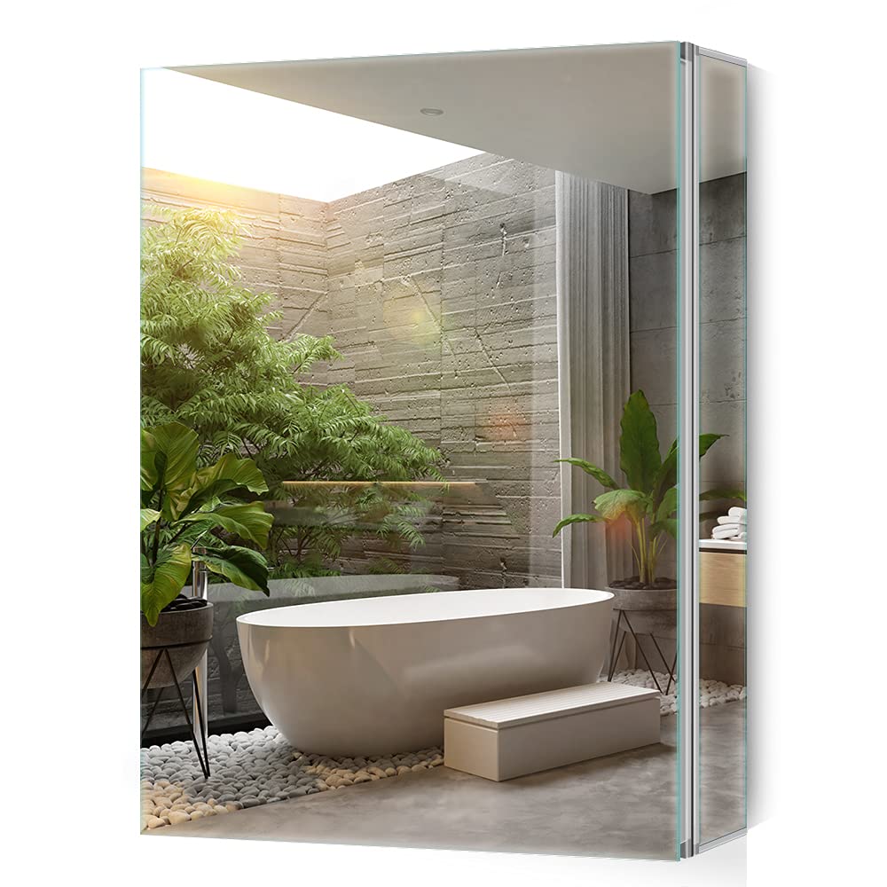 Tokvon? Limerence Bathroom Mirror Cabinet 60cm Wide, Mirrored Cabinet with Adjustable Shelf & Soft Closing Hinges, Large Storage, Aluminium Frame,