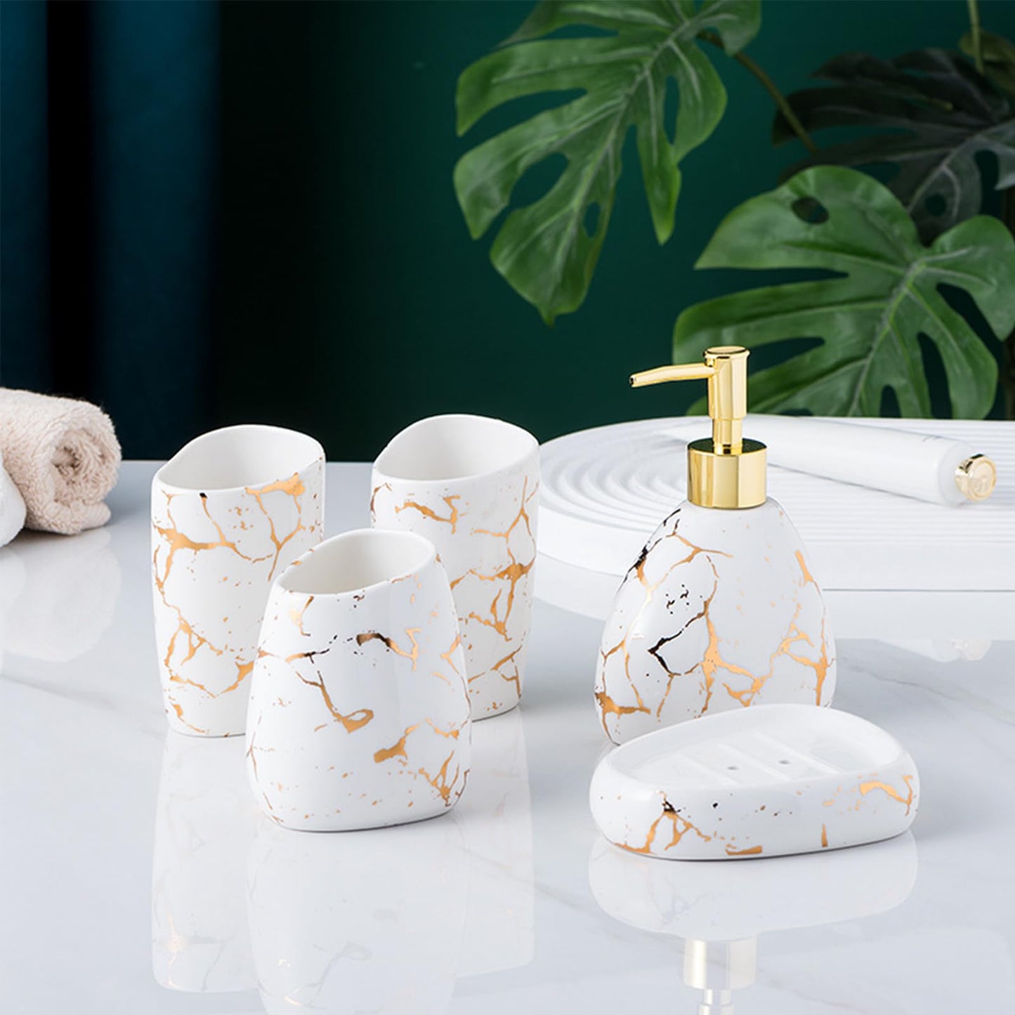 XYQXYQ Ceramics White Bathroom Accessories Set,Gold Marble Look Bathroom Decor,Modern 6 Piece Bathroom Accessory Set,Complete with Soap