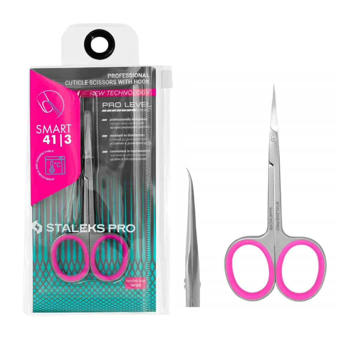 STALEKS PRO Professional Cuticle Scissors with Hook 20mm Sharp Tip Blades Ergonomic Silicone Rings Stainless Steel Smart SS-41/3