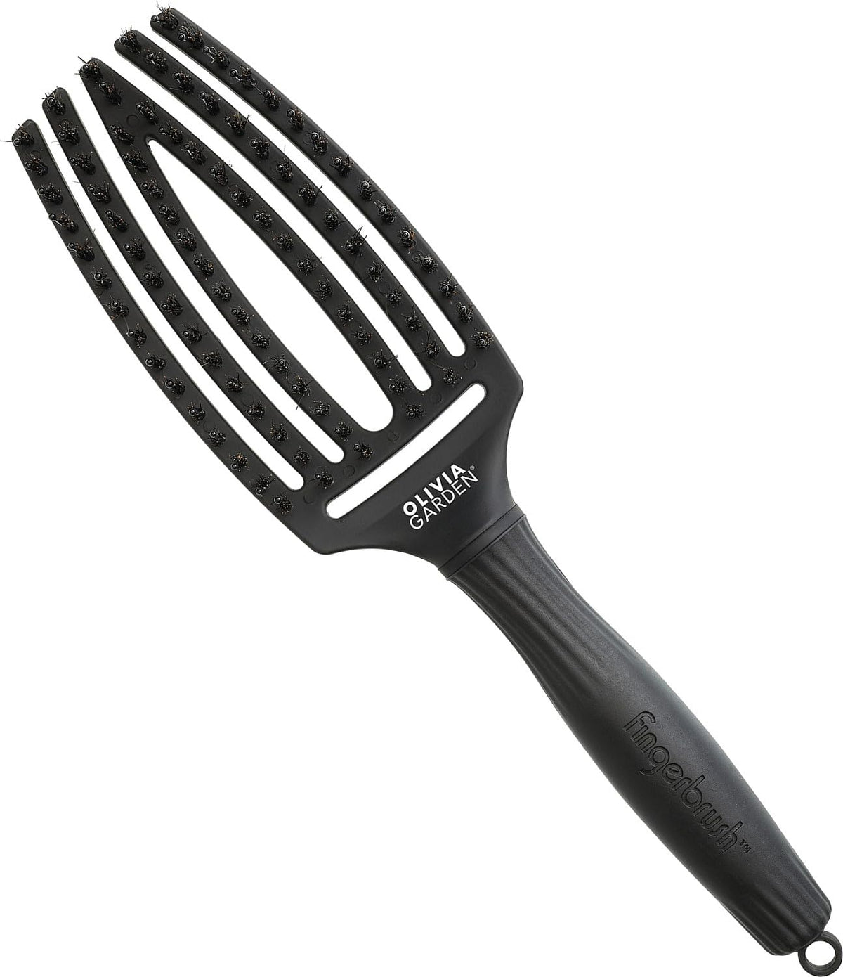 Olivia Garden Fingerbrush Care Iconic - Medium - Full Black - Detangling Hairbrush with Boar & Nylon Bristles for Ultimate Shine & Smooth Styling