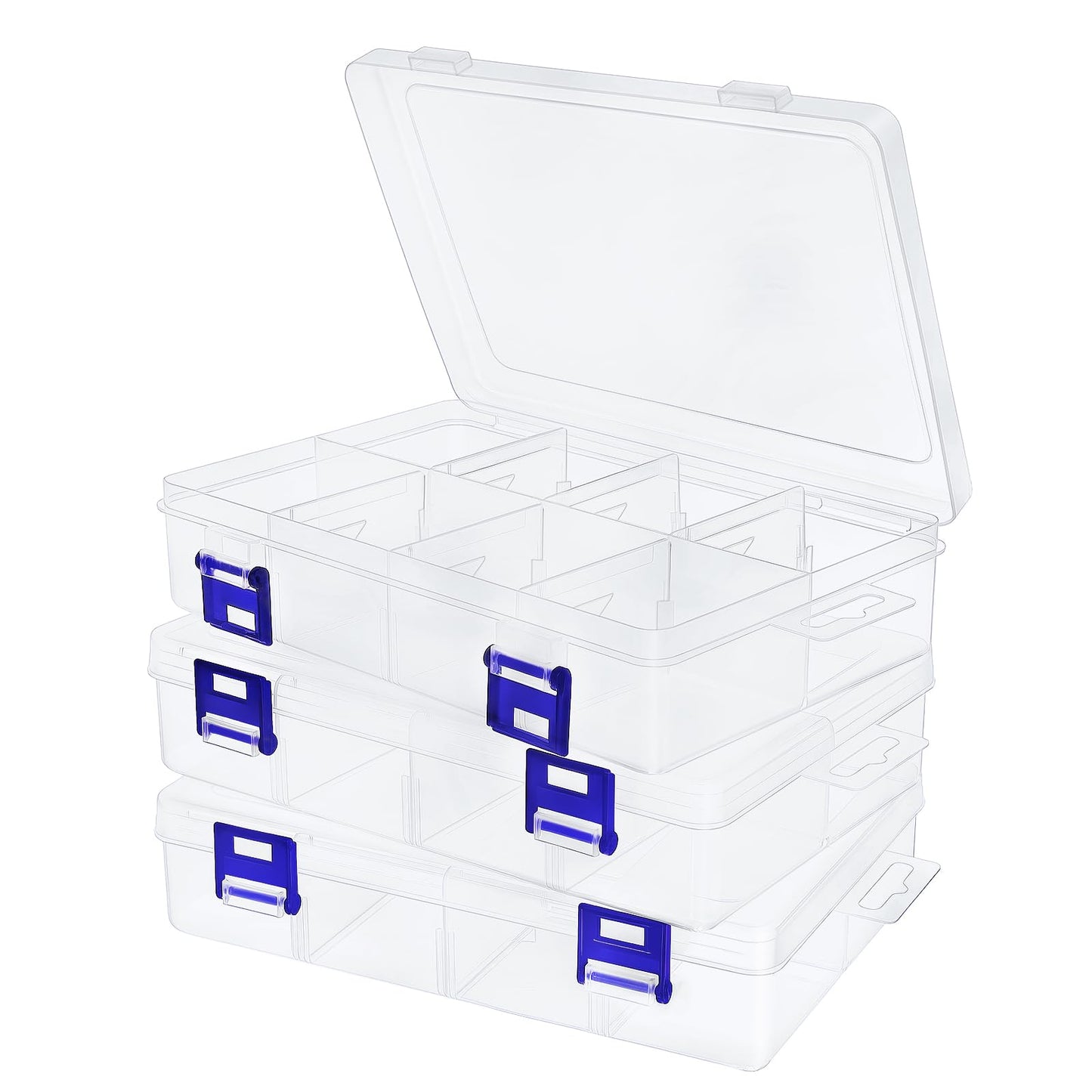 ECBEITF 3 Pcs 8 Grids Clear Plastic Storage Box with Adjustable Dividers, Double Buckle Transparent Stackable 8 Compartments Organiser Box Container