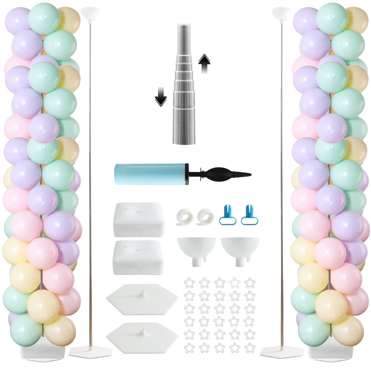 6.7 Ft Telescopic Balloon Stand Kit with Metal Floor Base, 2 Rolls Dots Stickers and Pump for Wedding, Birthday, Baby Shower, Graduation