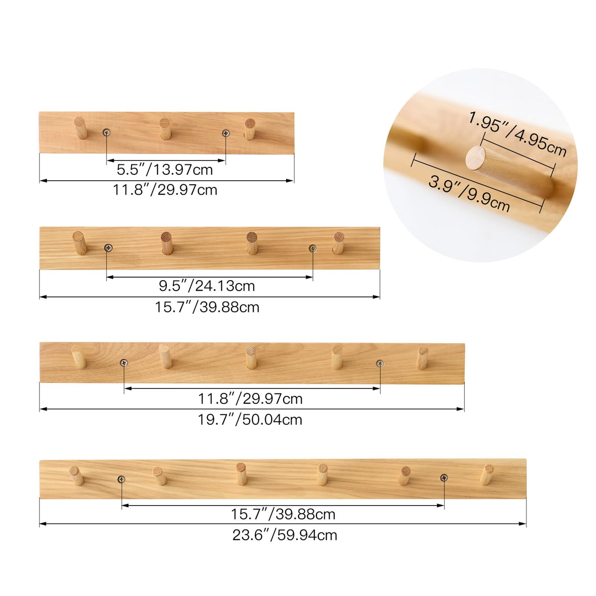 Wooden Coat Rack Wall Mounted, 40cm Hickory Wood Floating Jackets Hooks