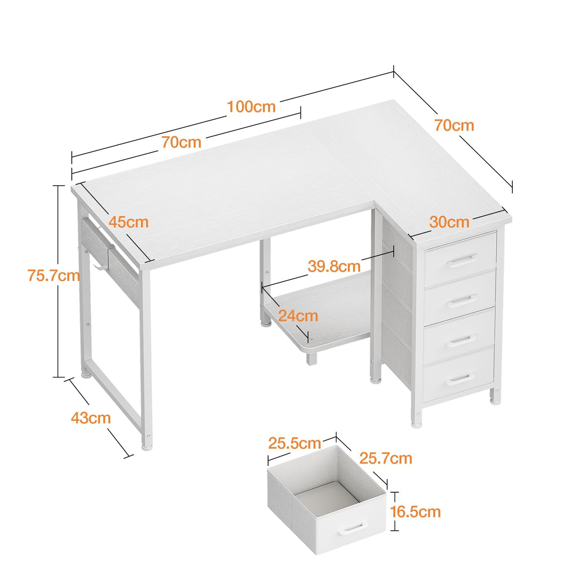 Coleshome Small Corner Desk with Drawers for Home Office, 100x70 cm, White