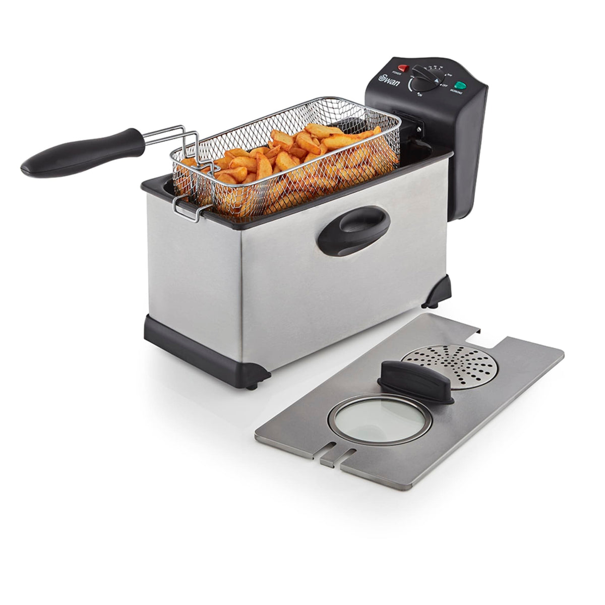 Swan SD6040N 3 Litre Stainless Steel Deep Fat Fryer with Viewing Window and Safety Cut Out, Non-Slip, Easy Clean and Adjustable Temperature Control,