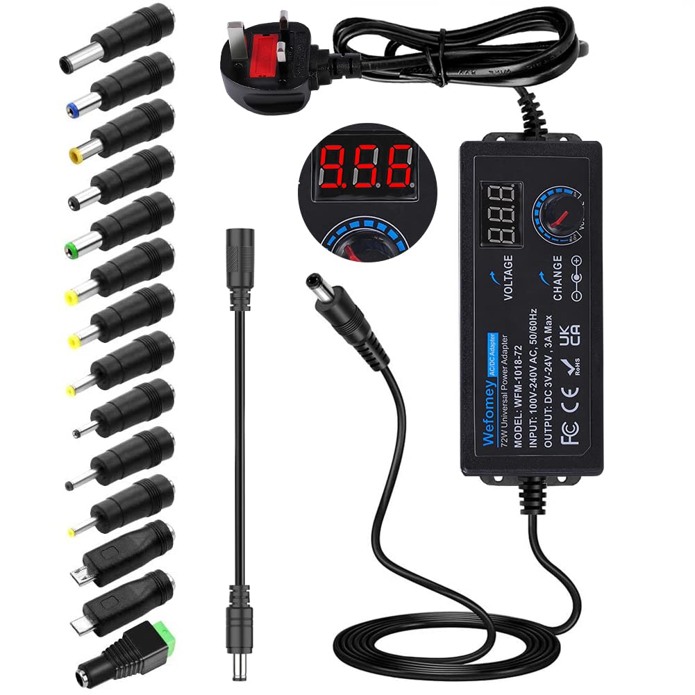 Wefomey Universal Power Supply 3V~24V 3A 72W Adjustable Variable AC/DC Adapter Charger, 100V-240V AC to DC Converter with LED Voltage Display & 14